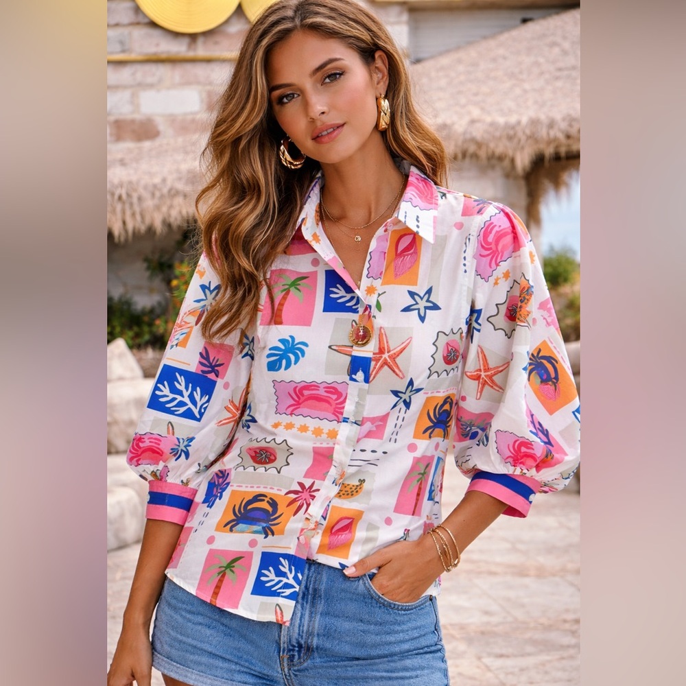 Button-Down Beach Print Shirt - White Pink Blue
